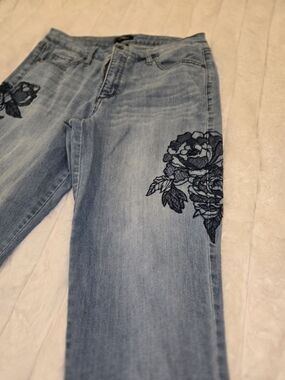 Indigo Light Blue Straight Leg Jeans with Black Floral Embroidery